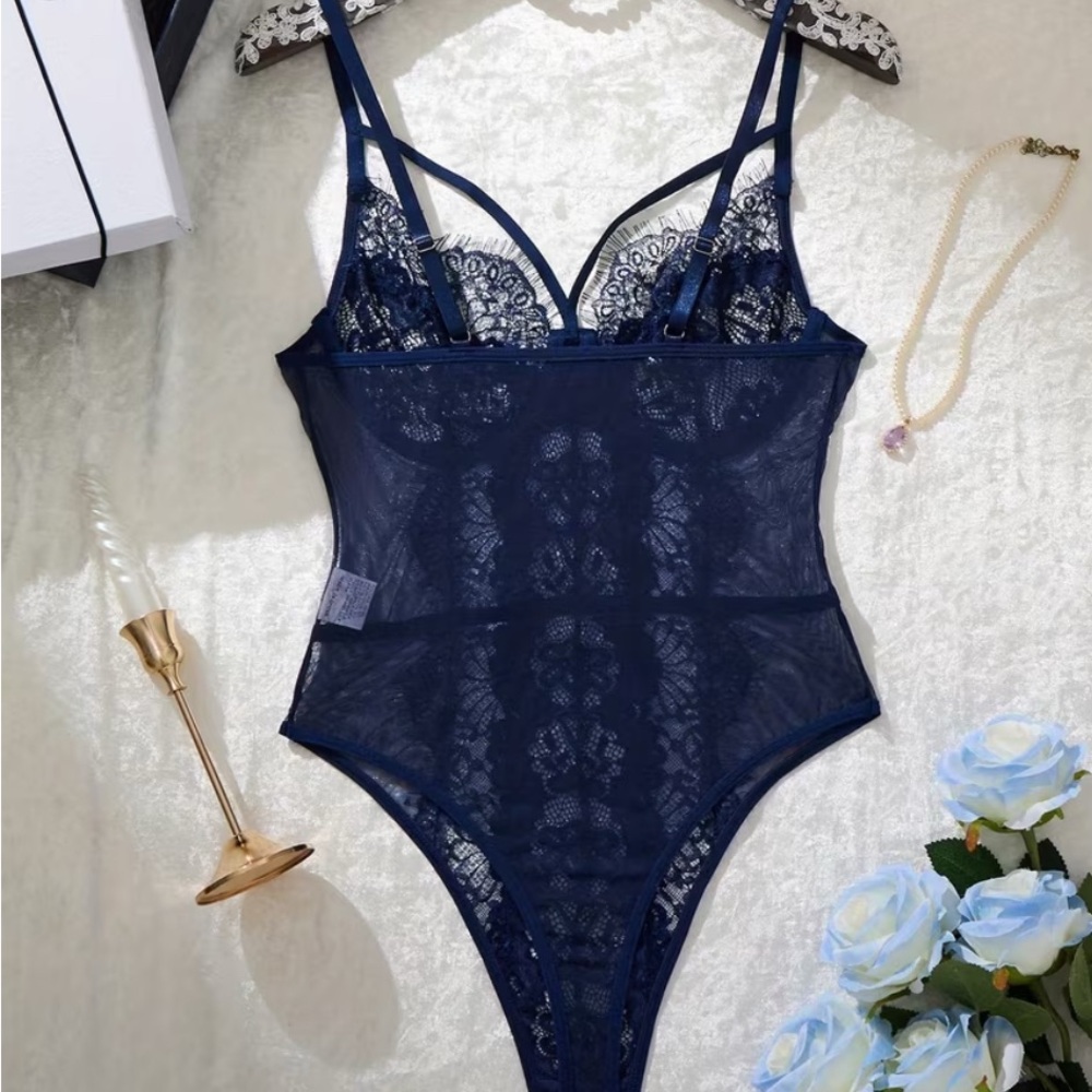 Elegant Navy Lace Bodysuit - Picture 2 of 6